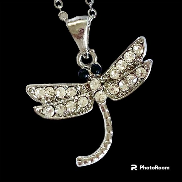 Dragonfly Necklace Crystal Silver Plated Pendant Insect Bug Sparkly 16-18" Chain - Picture 2 of 10